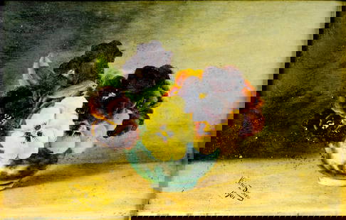 Vinnie Doney (US,19/20C) oil painting antique: ARTIST: Vinnie Doney (American, 19/20 centuries) TITLE: Still Life with Pancies YEAR: 1901 MEDIUM: oil on metal CONDITION: Some paint losses (see picture