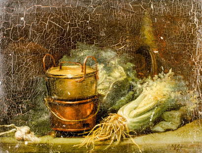 Antique early 20C European oil painting signed: ARTIST: - (Europe, early 20 century) TITLE: Still Life with Pots and Vegetables MEDIUM: oil on board CONDITION: Some paint losses. Some craquelure. Some scattered small in