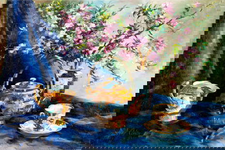 Zsuzsanna Suger (Hungary,1939-?) oil painting: ARTIST: Zsuzsanna Suger (Hungarian, 1939 - ???) TITLE: Still Life with Vase of Flowers and Tea Set MEDIUM: oil on canvas CONDITION: Minor scratches/paint losses. Some craq
