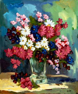 Loube (Europe,20C) oil painting: ARTIST: Loube (European, 20 century) TITLE: Still Life with Vase of Flowers MEDIUM: oil on canvas CONDITION: Unstretched (In-House stretching available). Few minor paint los