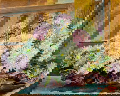 William F Morse (US,mid 20C) oil painting: ARTIST: William F Morse (American, mid 20 century) TITLE: Still Life with Flowers YEAR: 1953 MEDIUM: oil on canvas board CONDITION: Few small paint losse