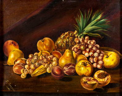 F Krause (US,early 20C) oil painting antique: ARTIST: F Krause (American, early 20 century) TITLE: Still Life with Fruits YEAR: 1910 MEDIUM: oil on canvas CONDITION: One repaired tear. Some small scr