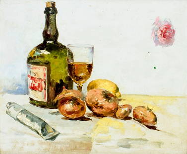 Vintage mid 20C American oil painting: ARTIST: - (American, mid 20 century) TITLE: Still Life with Bottle and Onions MEDIUM: oil on board CONDITION: Few small scratches/paint losses. No visible inpaint under UV light. ART SIZE: 11 x 14