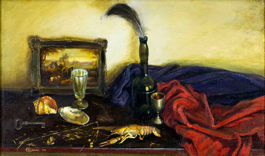 Sergei Gusarin (Russia,b 1962) oil painting: ARTIST: Sergei Borisovich Gusarin (Russian, born 1962) TITLE: Still Life with Red Drape (titled on verso) YEAR: 1993 MEDIUM: oil on canvas CONDITION: One small patch. Few small paint losses. No