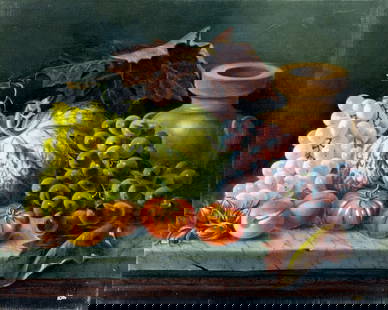 Antique early 20C British oil painting signed: ARTIST: - (United Kingdom, early 20 century) TITLE: Still Life with Vegetables, Grapes and Jug MEDIUM: oil on canvas CONDITION: Few small paint losses mostly along the low
