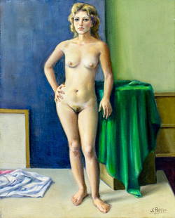 Jose Requena (Venezuela,1913-?) oil painting: ARTIST: Jose Requena (Venezuelan, 1913 - ???) TITLE: Nude - The Model (titled on verso) YEAR: 1983 MEDIUM: oil on canvas CONDITION: Overall good. No visible inpaint under UV light. Normal wear