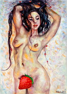Valentin Ukrainets (Ukraine,b 1965) oil painting: ARTIST: Valentin Ukrainets (Ukrainian, born 1965) TITLE: Nude - Mystical Figure of Femme Fatale (titled on verso) MEDIUM: oil on canvas CONDITION: Unstretched (In-House stre