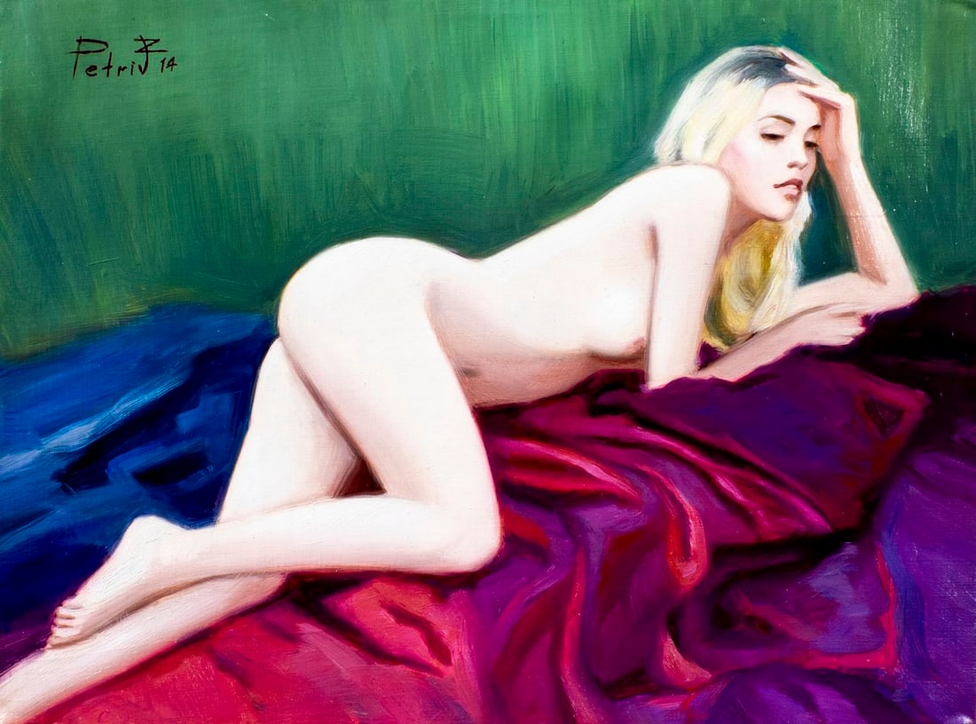 Zoriana Petriv (Ukraine,b 1994) oil painting: ARTIST: Zoriana Petriv (Ukrainian, born 1994) TITLE: Nude with Magenta Drapery (titled on verso) YEAR: 2014 MEDIUM: oil on canvas CONDITION: Unstretched