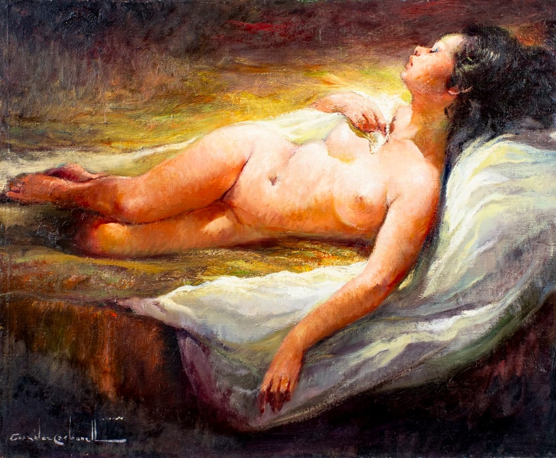 Rosendo Gonzalez Carbonell (Spain,1910-1984) oil painting: ARTIST: Rosendo Gonzalez Carbonell (Spanish, 1910 - 1984) TITLE: Reclining Nude MEDIUM: oil on canvas CONDITION: Few small scratches/paint losses. Some craquelure. No visi