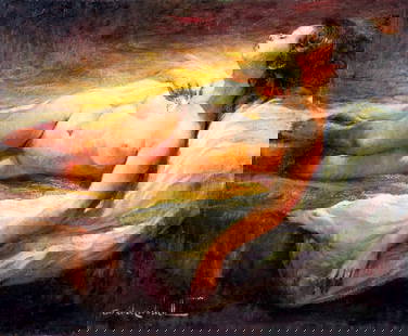 Rosendo Gonzalez Carbonell (Spain,1910-1984) oil painting: ARTIST: Rosendo Gonzalez Carbonell (Spanish, 1910 - 1984) TITLE: Reclining Nude MEDIUM: oil on canvas CONDITION: Few small scratches/paint losses. Some craquelure. No visible inpaint under UV