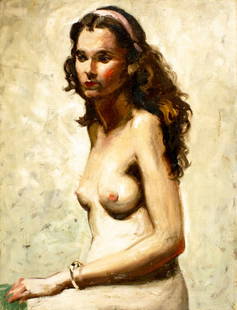 Edward Leonard (NY,FL,1901-1968) oil painting: ARTIST: Edward Leonard (New York, Florida, 1901 - 1968) TITLE: Nude MEDIUM: oil on canvas CONDITION: Minor paint losses. Some craquelure. No visible inpaint under UV light