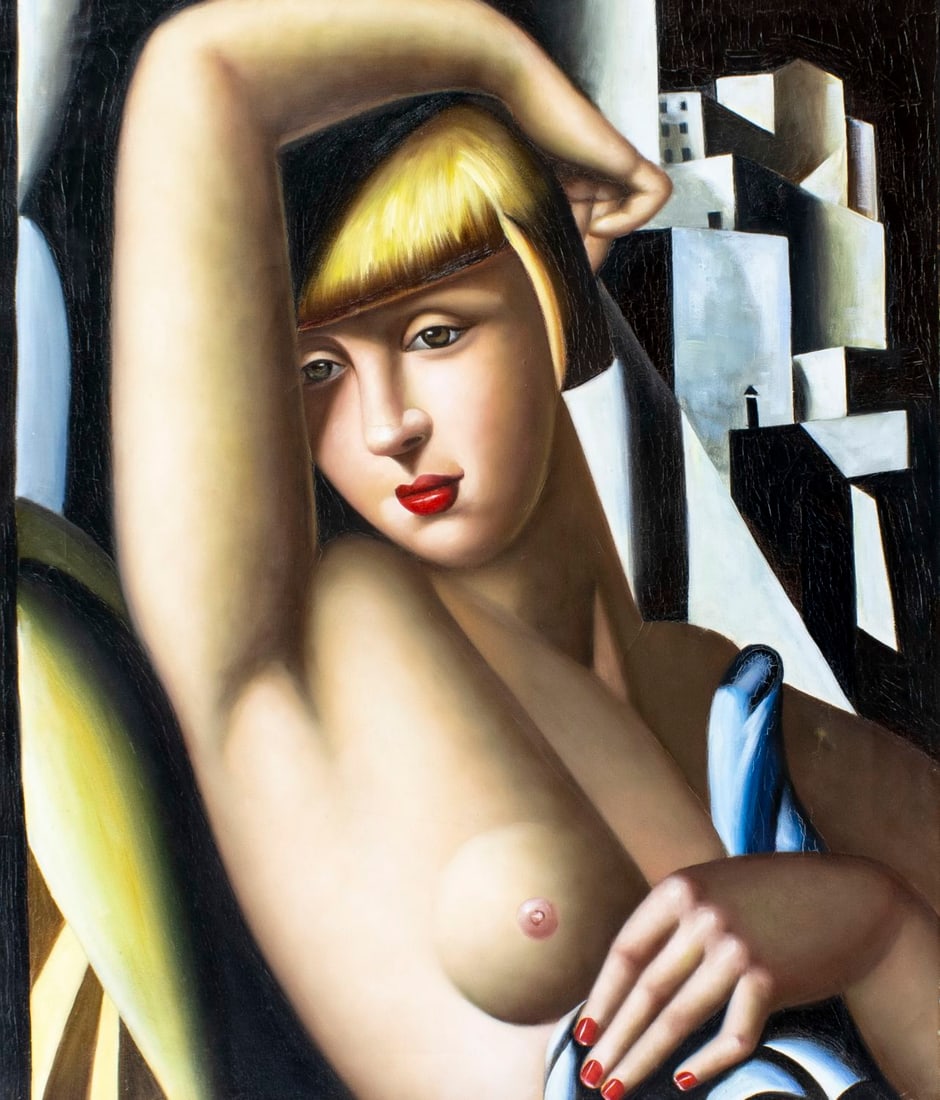 Vintage 20C decorative oil painting: ARTIST: - (20 century) TITLE: Homage to Tamara de Lempicka - Portrait of Suzy Solidor MEDIUM: oil on canvas CONDITION: Few small scratches/paint losses. Some craquelure.