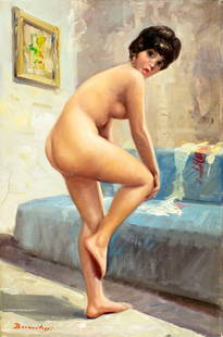 C Berkontazzi (Italy,20C) oil painting: ARTIST: C Berkontazzi (Italian, 20 century) TITLE: Nude MEDIUM: oil on canvas CONDITION: Unstretched (In-House stretching available). Few minor scratches/paint losses. Some
