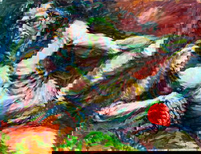 Elizabeth Silver (CA,20C) oil painting: ARTIST: Elizabeth Silver (California, 20 century) TITLE: Male Nude MEDIUM: oil on canvas CONDITION: Few small scratches/paint losses. No visible inpaint under UV light. Normal wear along edges. ART