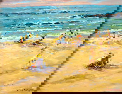 Robert Waltsak (NJ,b 1944) oil painting: ARTIST: Robert Alan Waltsak (New Jersey, born 1944) TITLE: Swimming Mantoloking Beach, NJ (titled on frame) MEDIUM: oil on board CONDITION: Very good. No visible inpaint und