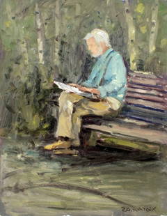 Robert Waltsak (NJ,b 1944) oil painting: ARTIST: Robert Alan Waltsak (New Jersey, born 1944) TITLE: Man Reading on the Bench MEDIUM: oil on board CONDITION: Overall good. No visible inpaint under UV light. ART SIZE: 18 x 14 inches / 45 x 35