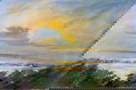 Robert Waltsak (NJ,b 1944) oil painting: ARTIST: Robert Alan Waltsak (New Jersey, born 1944) TITLE: Sunset River Landscape MEDIUM: oil on canvas CONDITION: Very good. No visible inpaint under UV light. ART SIZE: 36 x 24 inches / 91 x 60 cm