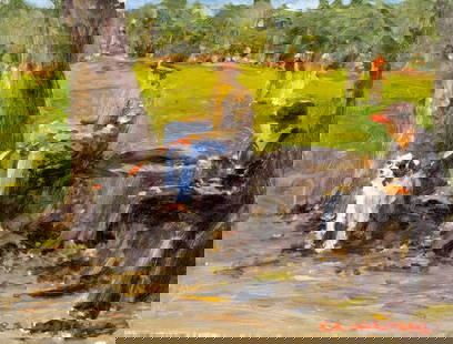 Robert Waltsak (NJ,b 1944) oil painting: ARTIST: Robert Alan Waltsak (New Jersey, born 1944) TITLE: Park Scene MEDIUM: oil on board CONDITION: Overall good. No visible inpaint under UV light. Normal wear along edges. ART SIZE: 12 x 16