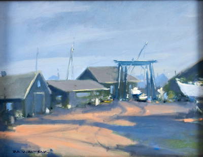 Robert Waltsak (NJ,b 1944) oil painting: ARTIST: Robert Alan Waltsak (New Jersey, born 1944) TITLE: Boatyard Scene MEDIUM: oil on board CONDITION: Minor paint losses. No visible inpaint under UV light. ART SIZE: 11 x 14 inches / 27 x 35 cm