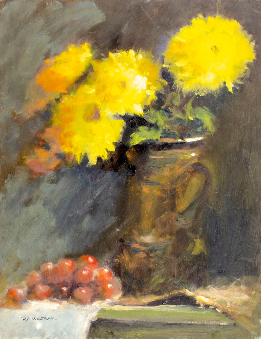 Robert Waltsak (NJ,b 1944) oil painting: ARTIST: Robert Alan Waltsak (New Jersey, born 1944) TITLE: Still Life with Vase of Flowers and Grapes MEDIUM: oil on board CONDITION: Few minor paint losses. No visible inpa