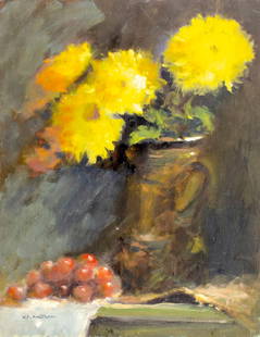 Robert Waltsak (NJ,b 1944) oil painting: ARTIST: Robert Alan Waltsak (New Jersey, born 1944) TITLE: Still Life with Vase of Flowers and Grapes MEDIUM: oil on board CONDITION: Few minor paint losses. No visible inpa