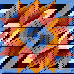 J H Henig (DC,20C) acrylic painting: ARTIST: J H Henig (District of Columbia, 20 century) TITLE: Chevron Series 4 (titled on verso) YEAR: 1991 MEDIUM: acrylic on cardboard CONDITION: Some scratches/paint losses. Damage by the lower
