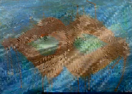 Pios Rodaman (FL,Brazil,b 1953) mixed media painting: ARTIST: Pios Rodaman (Florida, Brazilian, born 1953) TITLE: Abstract Composition YEAR: 1997 MEDIUM: mixed media on canvas. Canvas applied to board. CONDITION: