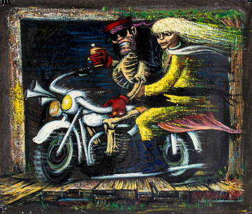 Albert Pels (NY,OH,1910-1998) oil painting: ARTIST: Albert Pels (New York, Ohio, 1910 - 1998) NAME: Death on a White Bike on the Way to Hell (titled on verso) MEDIUM: oil on canvas CONDITION: Unstretched (In-House stretching available). Few