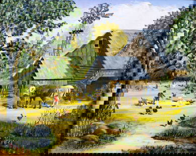 Mynor (WI,20C) oil painting: ARTIST: Mynor (Wisconsin, 20 century) TITLE: Farm Scene YEAR: 1993 MEDIUM: oil on canvas CONDITION: Very good. No visible inpaint under UV light. ART SIZE: 16 x 20 inches / 40 x 50 cm FRAME SIZE: 18