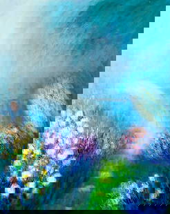 Yolanda Razzeto (Peru,1948-?) oil painting: ARTIST: Yolanda Razzeto (Peruvian, 1948 - ???) TITLE: Flower Garden Landscape MEDIUM: oil on canvas CONDITION: Unstretched (In-House stretching available). Missing a few