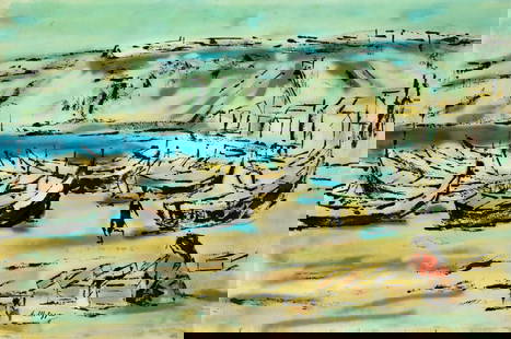 Evelyn Metzger (NY,Brazil,1911-2007) oil painting: ARTIST: Evelyn Borchard Metzger (New York, Brazilian, 1911 - 2007) TITLE: Coastal Landscape with Fishing Boats MEDIUM: oil on board CONDITION: Few small scratches/paint lo