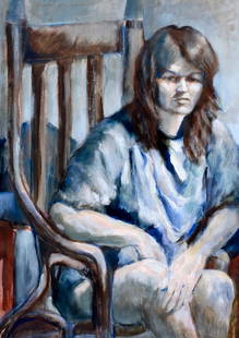 Thelma Thal (NY,1903-2001) oil painting: ARTIST: Thelma Thal (New York, 1903 - 2001) TITLE: Woman on Chair MEDIUM: oil on canvas CONDITION: Small scratches/paint losses mostly along edges. No visible inpaint under