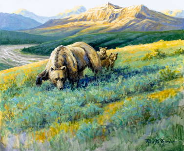 Ross B Young (MO,b 1955) oil painting: ARTIST: Ross B Young (Missouri, born 1955) TITLE: Mountain Landscape with Bears MEDIUM: oil on canvas CONDITION: Very good. No visible inpaint under UV light. ART