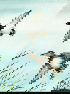 Lee Mauney (NC,20/21C) watercolor painting: ARTIST: Lee Mauney (North Carolina, 20/21 centuries) TITLE: Ring-Neck Ducks Flying MEDIUM: watercolor on paper CONDITION: Very good. Framed under glass. Wear to frame. <