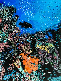 Evelyn Metzger (NY,Brazil,1911-2007) oil painting: ARTIST: Evelyn Borchard Metzger (New York, Brazilian, 1911 - 2007) TITLE: Coral Reef Scene YEAR: 1996 MEDIUM: oil on board CONDITION: Overall good. No