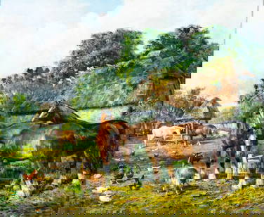 Samuel Joseph Clark (UK,1834-1912) oil painting antique: ARTIST: Samuel Joseph Clark (United Kingdom, 1834 - c. 1912) TITLE: Farm Scene with Horses MEDIUM: oil on canvas CONDITION: Relined. Some paint losses. Minor stable craque