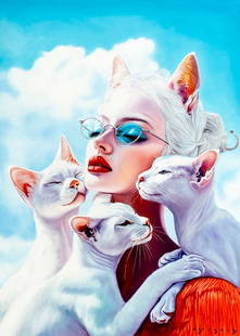 Igor Grey (Ukraine,b 1975) oil painting: ARTIST: Igor Grey (Ukrainian, born 1975) AFTER AI artwork by Irina Malina AKA AI+IM (Belarus, born 1985) TITLE: Purrfect Harmony MEDIUM: oil on canvas CONDITION: Unstretched