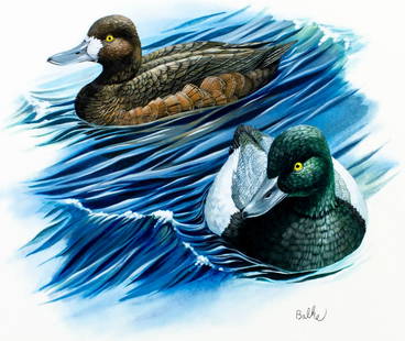 Don Balke (NC,1933-?) gouache painting: ARTIST: Don Balke (North Carolina, 1933 - ???) TITLE: Ducks, Michigan YEAR: 1982 MEDIUM: gouache and watercolor on board CONDITION: Some damage to the
