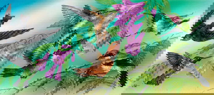 Alexei Isakov (Russia,20C) gouache painting: ARTIST: Alexei Isakov (Russian, 20 century) TITLE: Rufous Hummingbird, Ruby-throated Hummingbird, Logerhead Shrike (titled on verso) YEAR: 1999 MEDIUM: gouache on board <