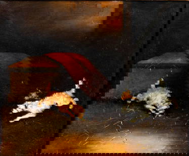 Antique 19C British oil painting: ARTIST: - (United Kingdom, 19 century) TITLE: Three Dogs MEDIUM: oil on canvas CONDITION: Relined. Few minor paint losses. Some craquelure. Some scattered inpaitings. Some
