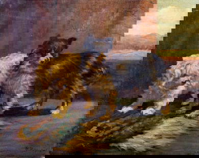 R Benson (20C) oil painting: ARTIST: R Benson (20 century) TITLE: Two Dogs MEDIUM: oil on canvas CONDITION: Unstretched (In-House stretching available). Few minor paint losses. Some craquelure. Some sca