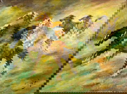 Serge (Europe,20C) oil painting: ARTIST: Serge (European, 20 century) TITLE: Horses MEDIUM: oil on canvas CONDITION: Few minor paint losses. Some craquelure. No visible inpaint under UV light. Minor damages
