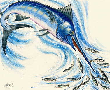 Basil Smith (UK,1925-2010) watercolor painting: ARTIST: Basil Smith (United Kingdom, 1925 - 2010) TITLE: Bahamas - Blue Marlin Fish (titled on verso) YEAR: 1994 MEDIUM: watercolor on board CONDITION: