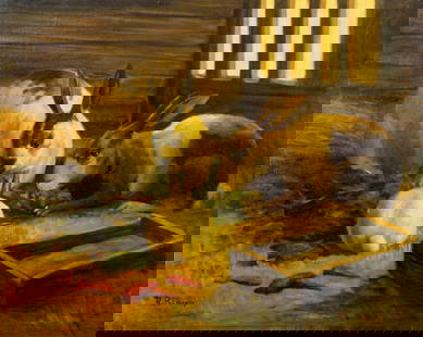 R Benson (UK,20C) oil painting: ARTIST: R Benson (United Kingdom, 20 century) TITLE: Three Rabbits MEDIUM: oil on canvas CONDITION: Unstretched (In-House stretching available). Few minor paint losses. Some