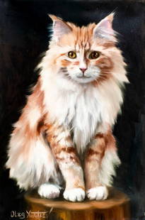 Oleg Yurtaev (Russia,b 1981) oil painting: ARTIST: Oleg Yurtaev (Russian, born 1981) TITLE: Cat - Ginger Friend (titled on verso) MEDIUM: oil on canvas CONDITION: Unstretched (In-House stretching available). Very goo