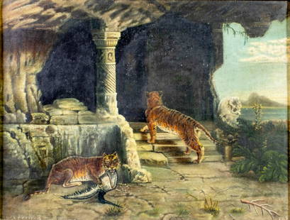 Laura Healy (IL,France,early 20C) oil painting antique: ARTIST: Laura Healy (Illinois, French, early 20 century) TITLE: Tigers YEAR: 1908 MEDIUM: oil on canvas CONDITION: Minor paint losses. Some craquelure. N