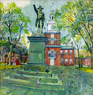 ATTRIB Marvin Friedman (PA,FL,1930-2012) oil painting: ARTIST: ATTRIBUTED TO Marvin Friedman (Pennsylvania, Florida, 1930 - 2012) TITLE: Capt John Barry Monument, Philadelphia, PA MEDIUM: oil on board CONDITION: Few minor pain