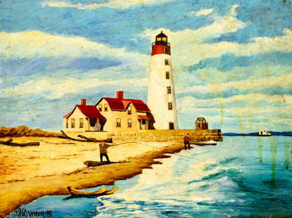 D H Canner (US, mid 20C) oil painting: ARTIST: D H Canner (American, mid 20 century) TITLE: Coastal Landscape with Lighthouse YEAR: 1949 MEDIUM: oil on board CONDITION: Some damage to lower ri