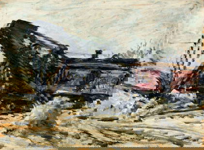 Bruce Moore (US,mid 20C) oil painting: ARTIST: Bruce Moore (American, mid 20 century) TITLE: Untitled MEDIUM: oil on board CONDITION: Horizontal crack to right edge of board. Missing a few flakes of paint. No visible inpaint under UV