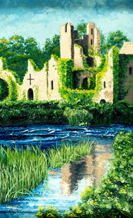 J Doherty (US,20C) oil painting: ARTIST: J Doherty (American, 20 century) TITLE: River Landscape with Ruins YEAR: 1969 MEDIUM: oil on board CONDITION: Few scratches/paint losses. No visi
